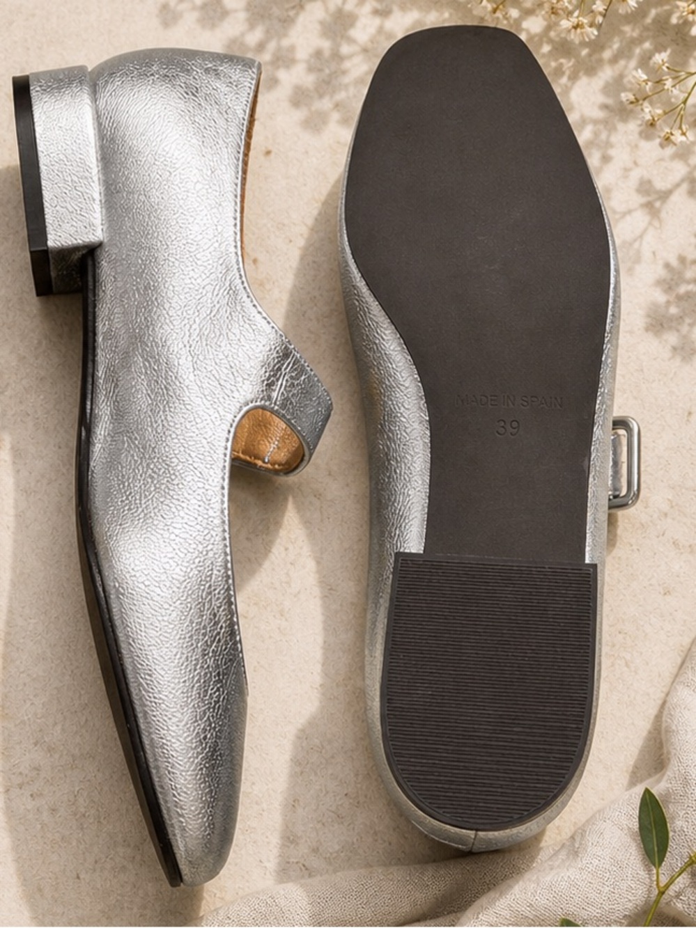 Penelope Chilvers Silver Leather Mary Jane Flats Size 39 Ballet Square Toe - Picture 6 of 7